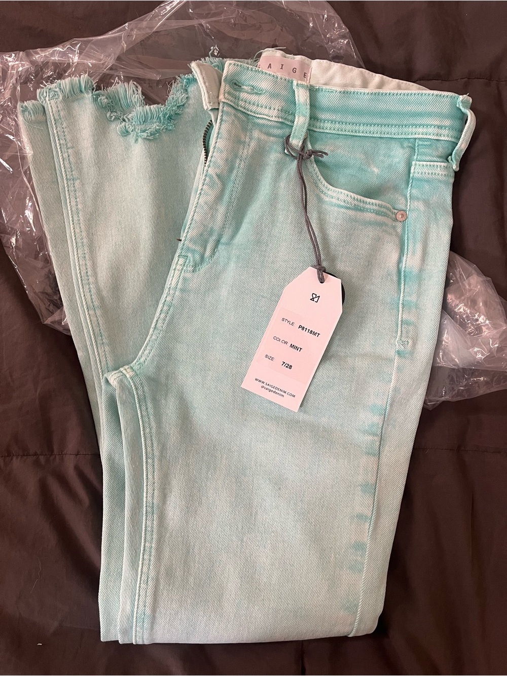 Saige Mint Jeans Kick Flare Tummy Control with Frayed Hem